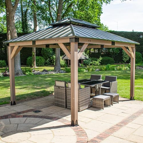 BPS® Grand Gartenpavillon aus Holz | Pavillon mit festem Dach | 2-stufiges Stahldach | Zedernholzrahmen | Terrassenüberdachung | Braun & Schwarz (3,6 m x 3 m)