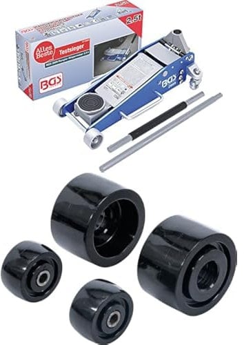 BGS 2889 | Rangier-Wagenheber | 2,5 t | hydraulisch | Hubhöhe 100-460 mm | Aluminium-Stahl-Konstruktion | Hydraulik mit Doppelhubkolben + BGS 2889-4 | Nylon-Rollenset | für Art. 2889, schwarz