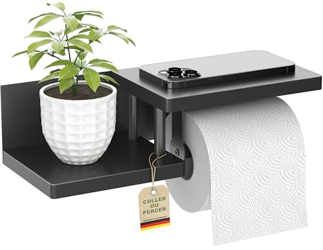 ElbFuchs® Toilettenpapierhalter Holz Bambus komplett schwarz [KLEBEN oder Bohren] | hochwertiger Klopapierhalter ohne Bohren mit Ablage | schwarz | Klorollenhalter | WC Rollenhalter
