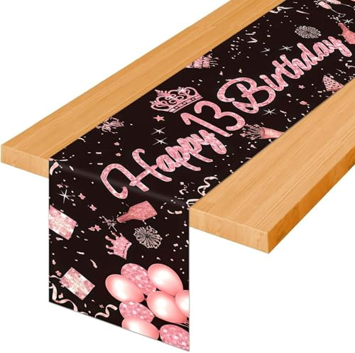 TaimeiMaoTischläufer Schwarz Rosa,13.Tischläufer Geburtstag Mädchen180x35cm | Schwarz Rosa Happy 13th Birthday Tischdecke,,für Mädchen Frauen Geburtstag Party Dekoration