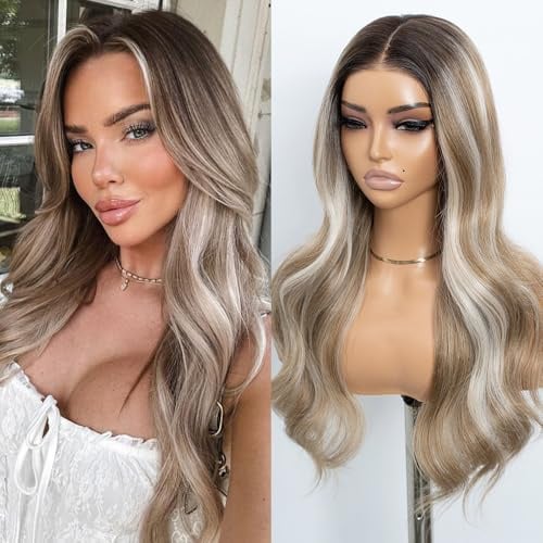 STYLE ICON Blonde weiße lange gewellte synthetisch Perücke für Frauen, 26 Zoll, vorgeschnittener Mittelscheitel, Spitzenband mit dunklen Haarwurzeln (NTF6/14Q/613V)