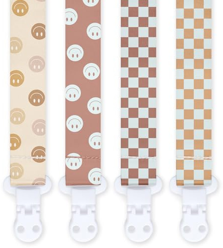 4PCS Schnullerband & Clip Set - Unisex Design für Mädchen und Jungen - Retro grid and smiley face design (E)