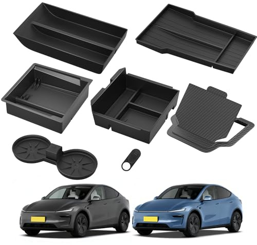 GJCrafts Organiseur de Console Centrale Compatible avec Tesla Model Y 2025 (Juniper) – Ensemble de Rangement Complet avec étagères Double Couche, Porte-gobelet, Compartiment caché et Cache d'intimité