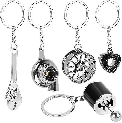 Encuryna 5 Stück Autoteile Schlüsselanhänger, Metall Auto Motorrad Schlüsselanhänger, Turbolader Keychain, Felgen, Anhänger Personalisiert für Mädchen Jungen (5 Stück Silber)