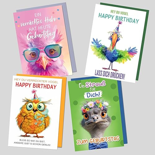 Michel Verlag 4er Set Geburtstagskarten TIERMOTIVE | Glückwunschkarte Spruchkarte Happy Birthday | lustige Tiere & witzige Sprüche | Klappkarte &Umschlag | MADE IN DE (4er-Set Verrückte Vögel)