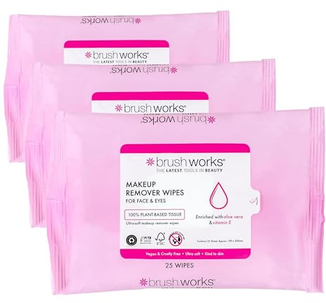 Brushworks Makeup Remover Wipes – 25 Ultra Soft & Gentle Facial Wipes with Aloe Vera & Vitamin E, Vegan & Cruelty-Free (Pack of 3)