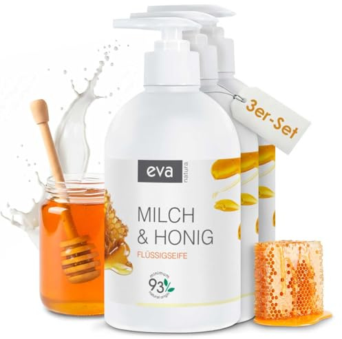 Eva Natura cremige Flüssigseife Milch und Honig | Handseife im 3er Pack, 3 x 500ml | sanfte und pflegende Seife