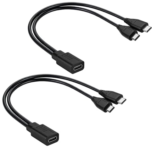 BTFO 2pz Cavo Caricatore USB C Divisore 1 Ingresso 2 Uscite, USB-C/Type-C Femmina a 2 Maschi USB-C/Type-C Adattatore per Ricarica Cavo Corto 32cm per Smartwatch Cuffie Viaggio Ufficio