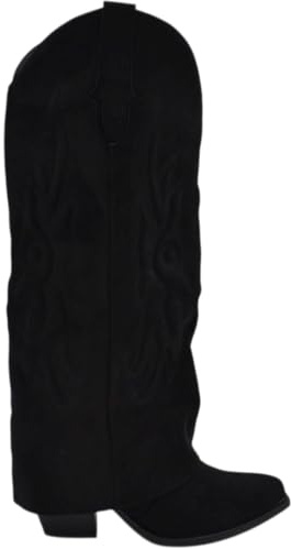 Stivali camperos Donna camoscio Nero a Punta al Ginocchio con para Risvolto Modello Shark Tacco Cono 6 cm Moda