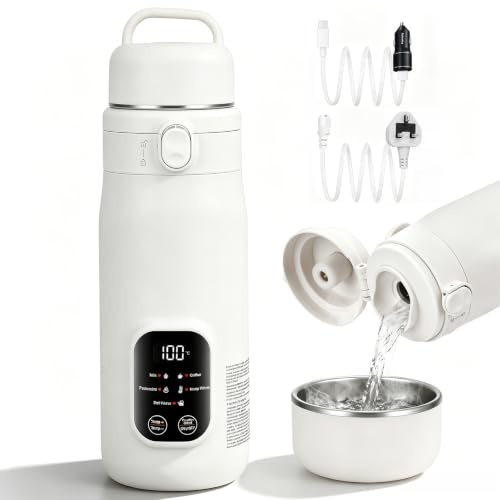 Portable Electric Kettle 500ml, 3 Power Supply Modes Car USB UK Mains Plug, 5 Temperature Settings Travel Heating Cup, 24H Constant Warm Mini Boiling Water Mug for Travel Office Baby Milk Coffee Tea