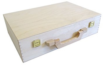 KF-Holz Holzkoffer naturbelassen - Aktenkoffer - Aufbewahrungskoffer - idealer Bastelkoffer & Malkoffer - Geschenkkoffer aus Holz - tragbarer Holzkoffer - 360 x 240 x 90 mm