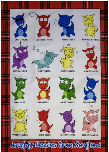 I LUV LTD Scottish Tea Towels with Nessie Design, Loch Ness Monster Mascot with Tartan, Novelty Gifts