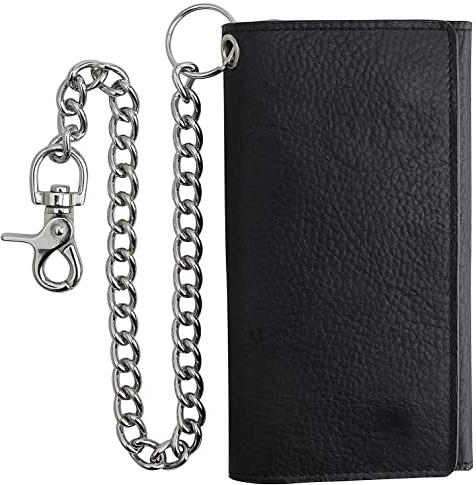 F&L CLASSIC RFID Blocking Mens Tri-fold Long Style Cowhide Leather Steel Chain Wallet,Black