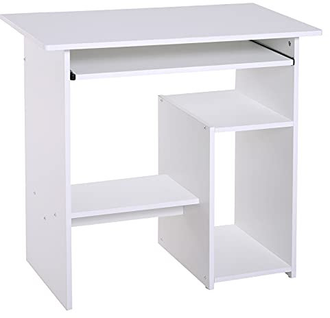 HOMCOM Compact Small Computer Table Wooden Desk Keyboard Tray Storage Shelf Modern Corner Table Home Office White