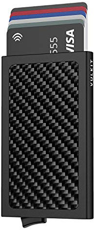 VULKIT Porte Carte de Credit Texture en Carbone Fiber Homme Automatique Pop Up Porte Cartes Bancaires RFID Anti Piratage Noir