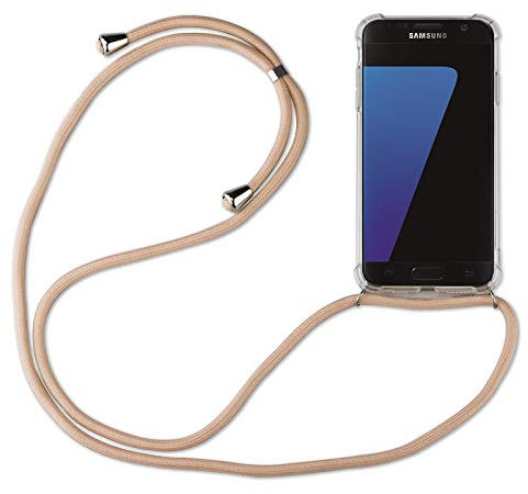 Hülle Kompatibel mit Samsung Galaxy S7 | Handykette Smartphone Halskette Hülle mit Band | Handyhülle mit Kordel zum Umhängen Kompatibel für Galaxy S7 | Beige/Braun