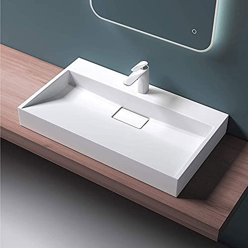 Mai & Mai Lavabo sobre Encimera Lavabo Suspendido Baño Lavabo | Rectangular | Blanco Mate | Mármol Fundido | 60x38x11cm | 1 Orificio para Grifo con Válvula de Desagüe | Colossum19