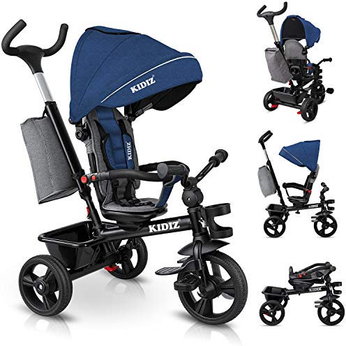KIDIZ® Dreirad 5in1 Kinderdreirad mit Schubstange Lenksystem Stange ab 1 Jahr, Jogger vorwärts & Rückwärtsfahrt,Korb Tasche Getränkehalter Sonnendach Gummiräder Buggy Fahrrad Baby Klappbar, Dunkelblau