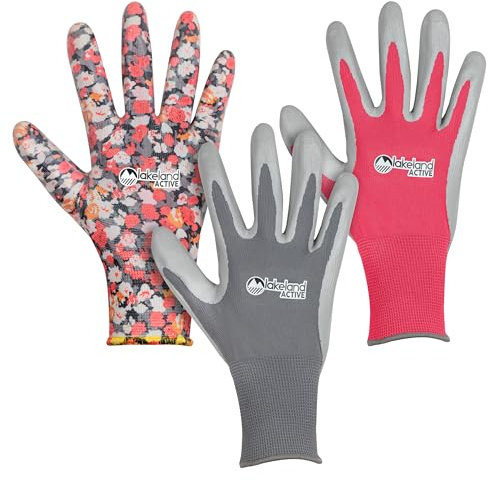 Lakeland Active 3 Pairs Orton Weed & Seed Gardening Gloves - Slate Grey & Fuchsia Pink & Floral - X-Small