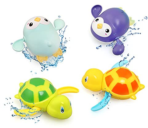 BelleStyle Jouets de Bain Bebe, Jeux de Bain pour Bebe, 4 PCS Jouet Flottant Pingouin Tortue, Jeux Piscine Enfant pour 18+ Mois, Jouet de Bain Enfant, Baignoire Bébé Piscine Jouet