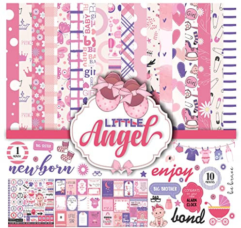 Inkdotpot Little Angel Collection Kit de papel de álbum de recortes de doble cara Cartulina 12 x 12 Paquete de papel para hacer tarjetas con hoja de pegatinas