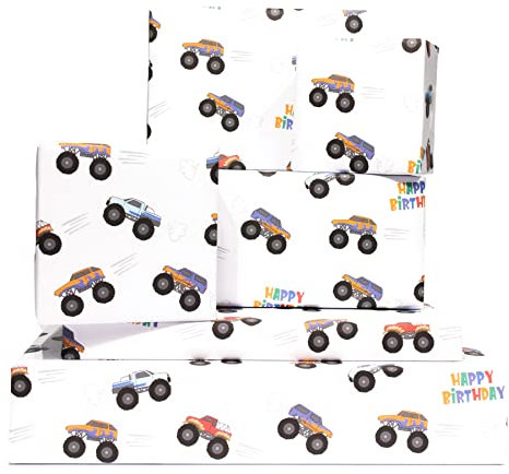 Central 23 – Niedliches Geburtstagsgeschenkpapier für Jungen, 6 Bögen Geschenkpapier für Kinder – Monster Truck Autos – Sohn Kinder – grün rot blau Trucks – recycelbar