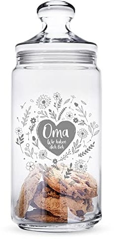 Keksglas mit Gravur für Oma, Vorratsglas für Süßigkeiten mit Blumenherz, Candy Bar Glasbehälter mit Deckel, Vintage Aufbewahrungsglas für die Küche, Geschenk für Frauen, Luftdichtes Dekoglas