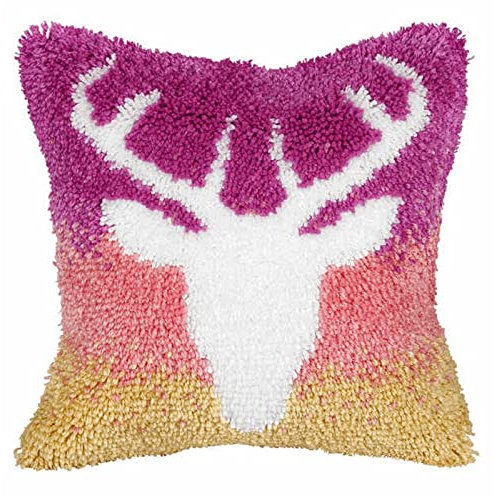 VIONNPPT Knüpfkissen für Kinder Erwachsene, 43cmX43cm, Karikatur Tier Deko Kissenbezug Knüpfteppich Zum Selber Knüpfen DIY Kissen Latch Hook Kit (Rosa Elch)