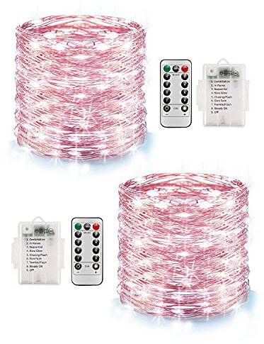 Lichterkette Aussen, 2 Stück 10M 100 LED 8 Modi Kupferdraht Lichterkette Akku, Wasserdichte IP68 mit Fernbedienung und Timer für Weihnachten Partys Garten Hochzeiten Dekoration, Kaltweiß