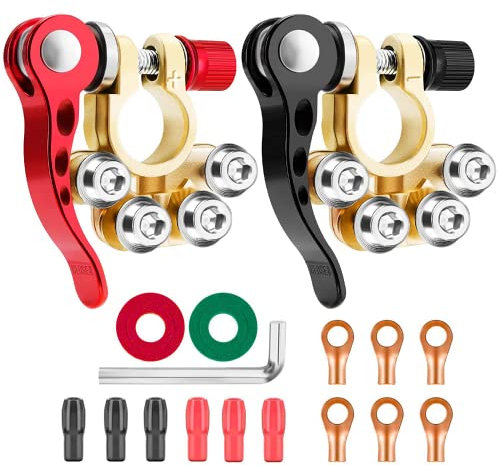 Yemetey 2Pcs Battery Terminal Connectors, 4 Way 12V Leisure Battery Terminals,Car Battery Switches Connectors Wire Cable Clamp Connectors SAE/JIS A Type Positive Negative for Cars Trucks Bus