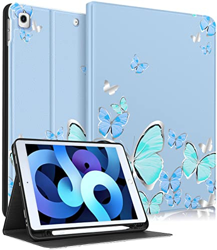 Uppuppy Custodia per iPad 9a/8a/7a generazione da 10,2 pollici ragazze carine donne Folio Smart Cover portapenne blu farfalla design estetico ragazze adolescenti custodie uniche per iPad 7/8/9 Gen