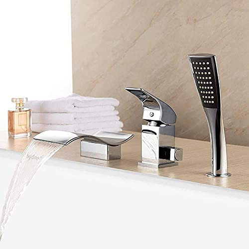 Hokcus Rubinetti, miscelatore bordo vasca da bagno rubinetto a 3 fori montaggio cascata sistema doccia bagno con doccia a mano cromato montaggio vasca bagno bagno cucina lavabo pressurizzare