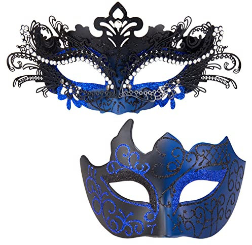 MYSEUNI Blaue Maskerade Maske für Paar - funkelnde Strass Metall Mascaraden Maske für Frauen & venezianische Masken für Männer - perfekt für Karneval