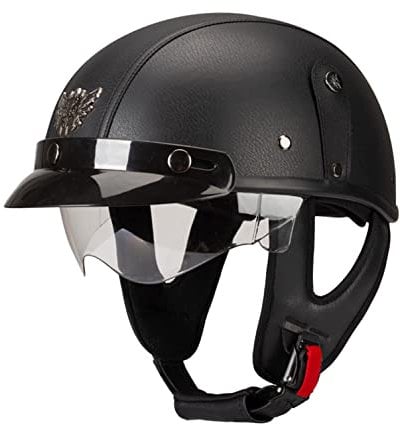 Deutsche Leder Motorrad Halbhelme Retro Halbschalenhelm Jet Helm mit Visier+Brille Schnellverschluss Schnalle für Cruiser Chopper Biker Moped ECE-Zulassung G,M