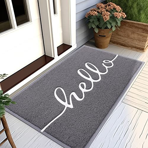 Homaxy Hello Door Mat, Dirt Trapper Doormats Non-Slip Low Profile Durable Door Mat for Outdoor, Indoor, Entrance, Patio, Front Back Door — (80 x 120cm, Grey)