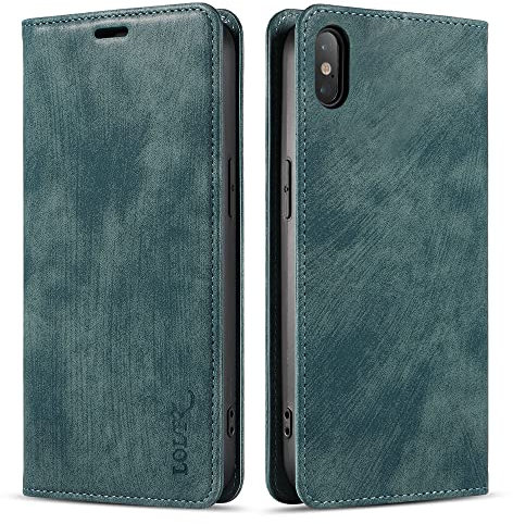 LOLFZ Wallet Case for iPhone X/iPhone XS, Premium Slim PU Leather Case Card Slots Stand Function Magnetic Protective Flip Case Cover Compatible with Apple iPhone X/XS - Lake Green