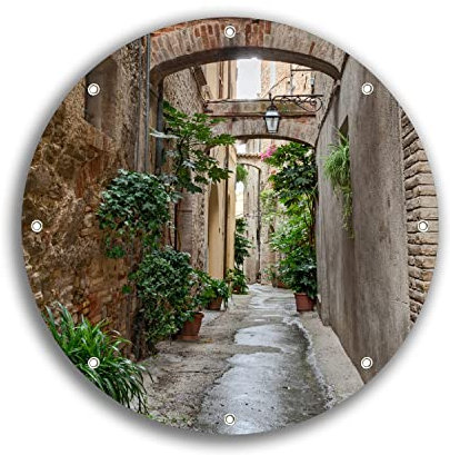 Wallario rundes Outdoor-Poster für Garten oder Balkon Grüne italienische Gasse - mit Alten Bögen, Motivbanner 30 cm Durchmesser