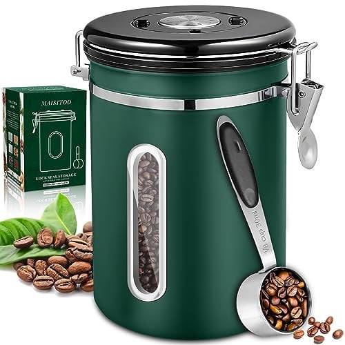 MAISITOO Boîte à Café, Boîte à Café Hermétique en Acier Inoxydable Récipient à Grains de Café de 1,8 L avec fenêtre transparente et Cuillère à Mesurer, Pour Café en Grains, Thé, Noix, Cacao (Vert)