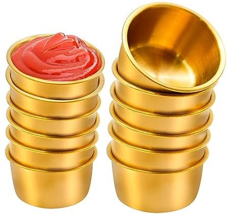 DUZFOREI 12 piezas de ramequines modernos de acero inoxidable dorado, mini tazas de salsa de 50 ml para fiestas en casa, restaurantes (duraderos, resistentes a los arañazos)
