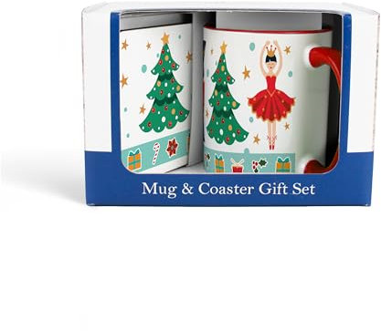 Nutcracker Mug & Coaster Gift Set - Christmas Trees Festive Gift Red Ceramic Cup and Cork Coaster Set - Tea/Coffee Present