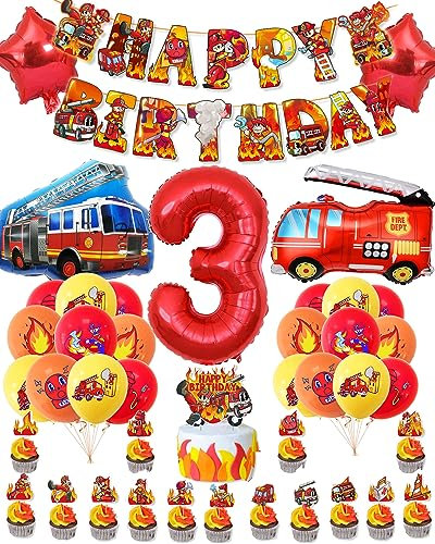 HXJFGDM Feuerwehr Geburtstag Deko - 3 Jahre Junge Kindergeburtstag Feuerwehrauto Deko Luftballons Set,Inklusive tortendeko und Banner,Folienballon Luftballon (3 Jahre)