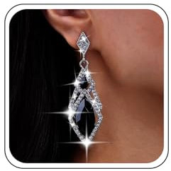 Wedding Long Black Rhinestones Earrings Silver Onyx Crystal Dangle Earrings Stud Cz Bridal Drop Sparkly Bride Cubic Zirconia Statement Diamond Chandelier Formal Bridesmaid Jewelry for Women Prom Party