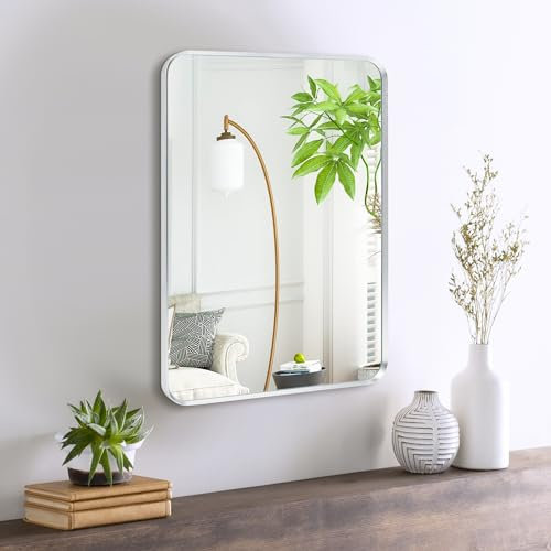 Minuover Kleiner Wandspiegel, gebürsteter silberfarbener Metallrahmen, abgerundete Ecken, rechteckiger Make-up-Spiegel für Badezimmer, Schlafzimmer, Wohnzimmer (30,5 x 40,6 cm, Silber)