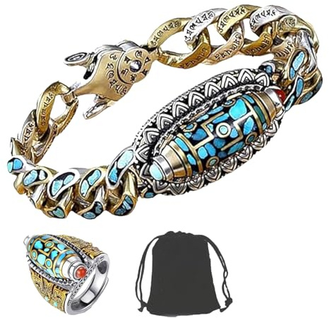 Camic Türkises Sechs-Zeichen-Mantra-Neunäugiges Dzi-Perlenarmband,Turquoise Six-Character Mantra Nine-Eyed Dzi Bead Bracele (20cm/7.87in, Dzi Bead Set)