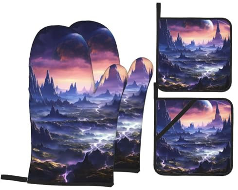 UPGENT Galaxy Stars Hills bedruckte Ofenhandschuhe und Topflappen, Set mit 4 Stück, wasserdicht, hitzebeständig, Handschuhe und Topflappen mit Aufhängeschlaufe