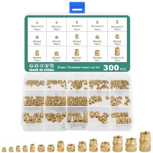 Faankiton 300 Stück Gewindeeinsatz, 3D Druck Messing Muttern M2 M2.5 M3 M4 M5 M6, Gewindeeinsatz Innengewinde Gerändelte Messingmuttern, 15 Größen Messing Einbettung Muttern für 3D Druckteile