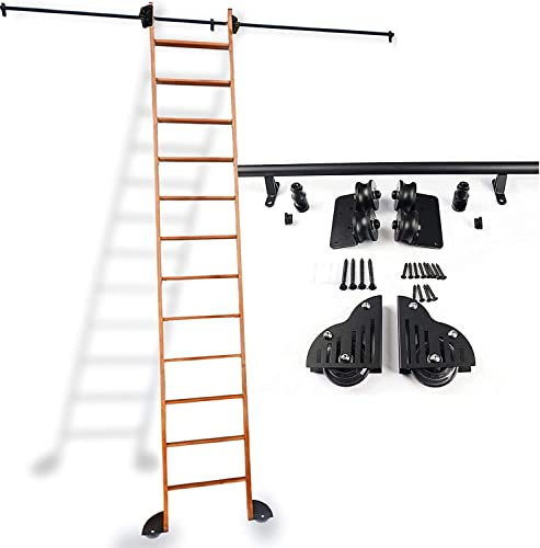 Robustes schwarzes Rollleiter-Hardware-Bibliotheks-Schiebeleiter-Hardware-Schienenset-Set, 3,3 Fuß bis 20 Fuß rundes Rohr, mobile Leiterschiene für Zuhause/Innenraum/Loft (keine Leiter) (Größe: 13 Fuß