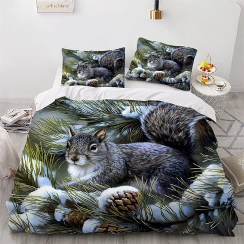 MEVASA Bettwäsche 135x200 Eichhörnchen Bettwäsche-Set 3 Teilig 3D-Druck Süßes Eichhörnchen Bettbezug 135x200 mit Reißverschluss Weiche Mikrofaser Kinderbettwäsche mit 2 Kissenbezug