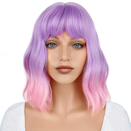 Aivtalk Bob Lockige Perücke Damen mit Pony Schulterlänge gewellt Perücken für Frauen Synthetische Hitzebeständige Perücke Mädchen Bunte Perücken Ombre Violett Rosa