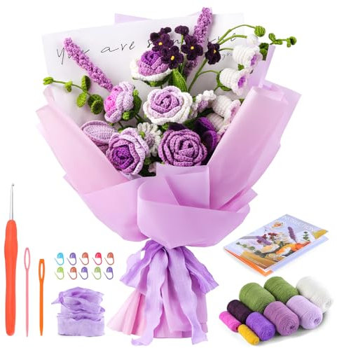 Iuuidu Häkelset für Anfänger, Blumenstrauß-Häkelset, Rose, Häkel-Starter-Set für Anfänger mit Schritt-für-Schritt-Video-Tutorials für Geburtstag, Jahrestag, Geschenk, Heimdekoration (lila)